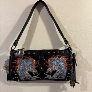 Ed Hardy black horse shoulder bag dead or alive rhinestone print NWT